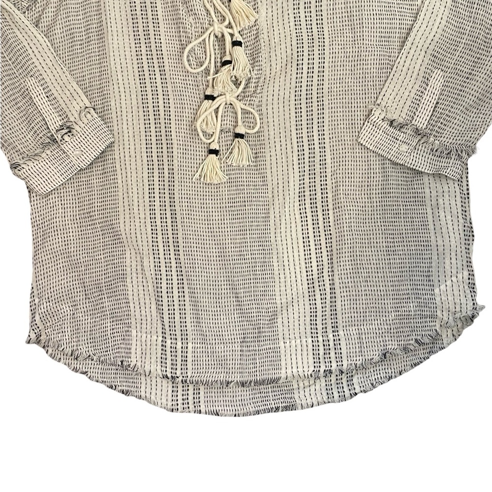Johnny Was Cream and Black Open-Weave Tassel Tie Blouse - Picture 4 of 12
